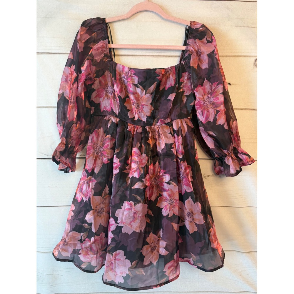Allison + Kelly Floral Sheer Puff Sleeve Mini Dress Pink Purple Size M NWT